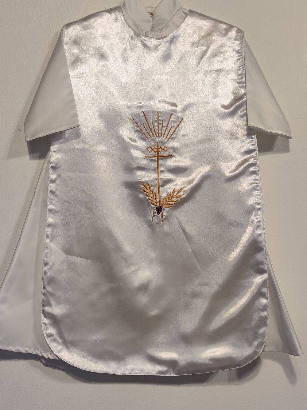 Christening White Satin Boy's Ropón with Gold Trim